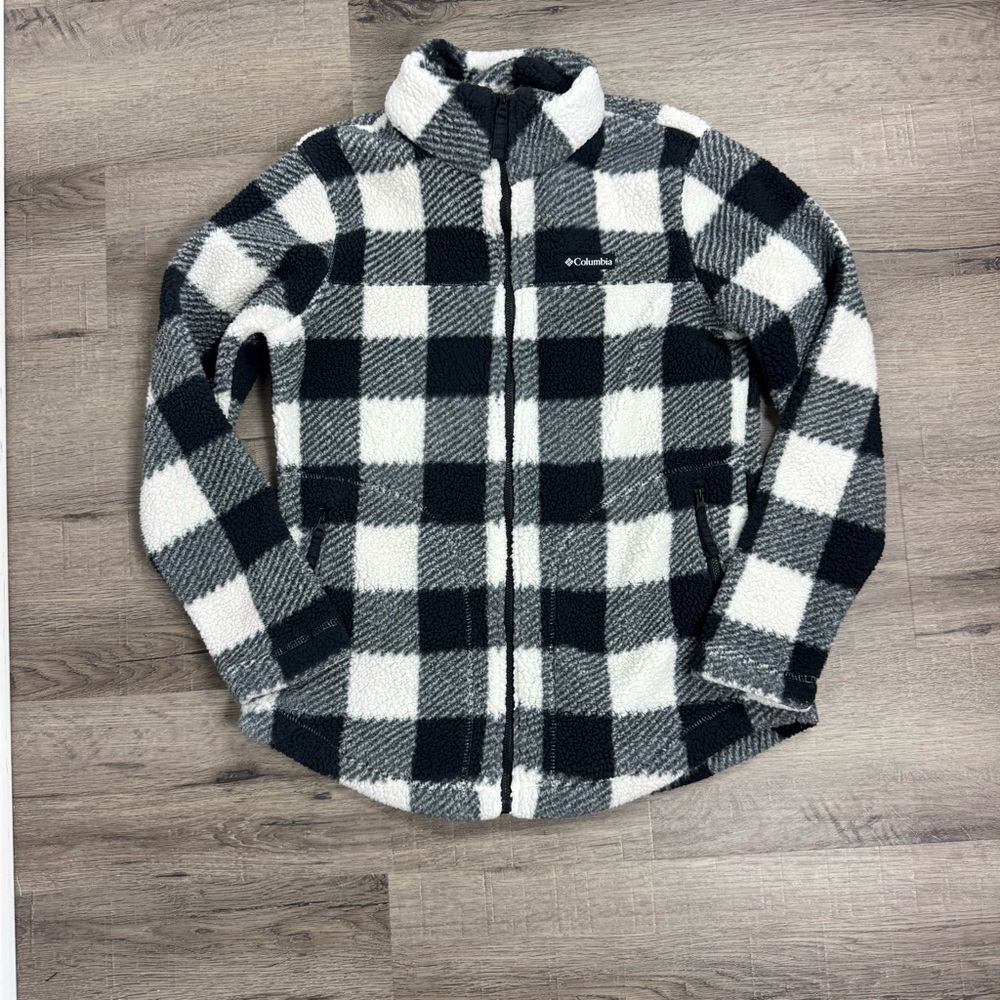 Columbia West Bend Sherpa Jacket Women’s Medium Black & White Check Sherpa Cozy - Picture 2 of 10
